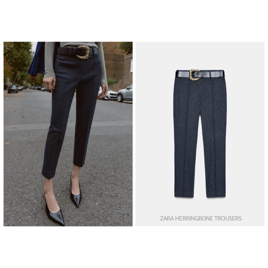 ZARA กางเกงทรงกระบอกเล็ก ใส่ทำงาน เอวสูง HERRINGBONE TROUSERS (B0108)