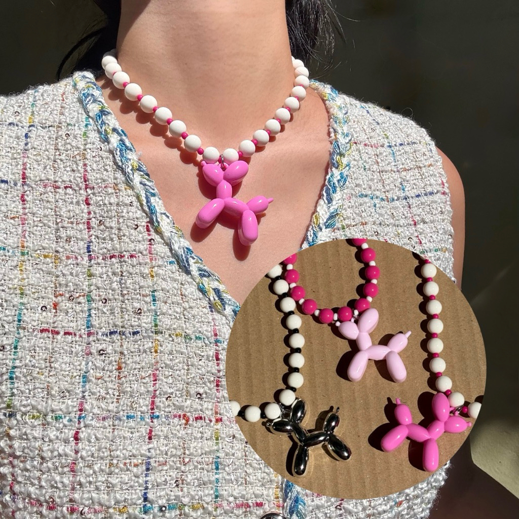 Piing me Necklace | สร้อยคอลูกปัดเม็ดใหญ่ (8 mm) สลับลูกปัดเม็ดเล็กพร้อมจี้สุนัขไซส์ใหญ่