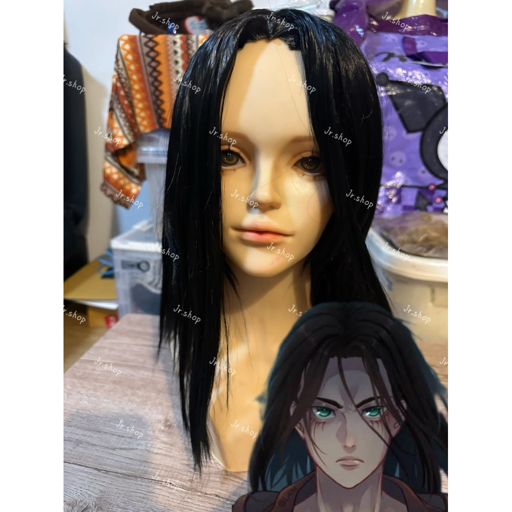 วิกเอเรน เยเกอร์ สีดำ ทรงเสย เซตซอยม้าแล้วพร้อมใส่ ไหมทนร้อน เน็ตยืด วิกยาว 42cm Attack on Titan wig