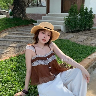 crop..shop สายเดี่ยว งานดูดี สวยคุณหนูสุดๆ ผ้าบางพริ้วไหว เเต่งระบาย งานกระดุม เก๊มากก