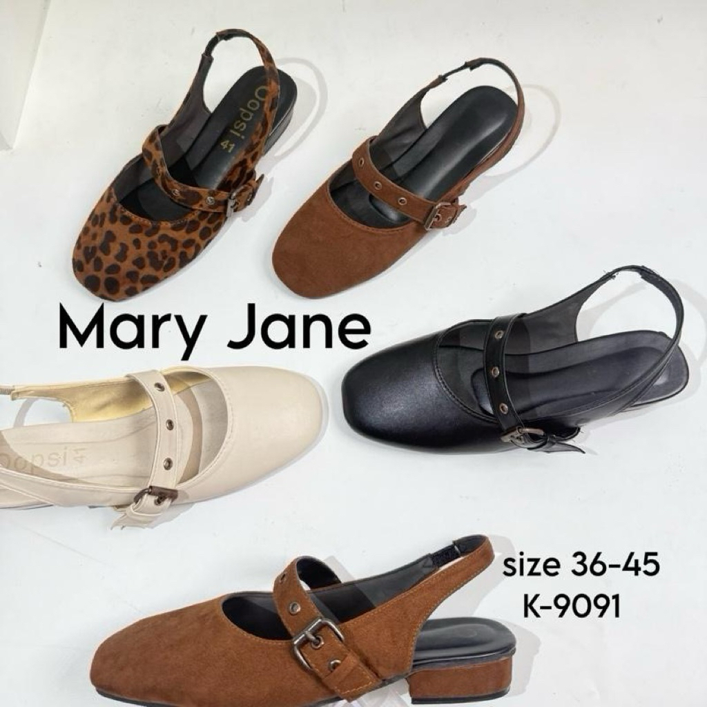 รองเท้าแมรี่เจน ส้นสูง1นิ้ว หนังกลับมียางยืด รุ่นK-9091(ไซส์36-45)