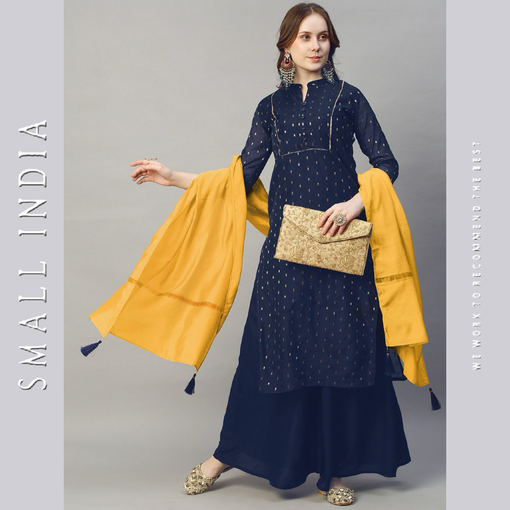 {**ส่งฟรี**} SMALL INDIA 🌺 Pure Chanderi Kurti ชุดเซ็ทเสื้อกระโปรง 🌺 Women Kurti Set