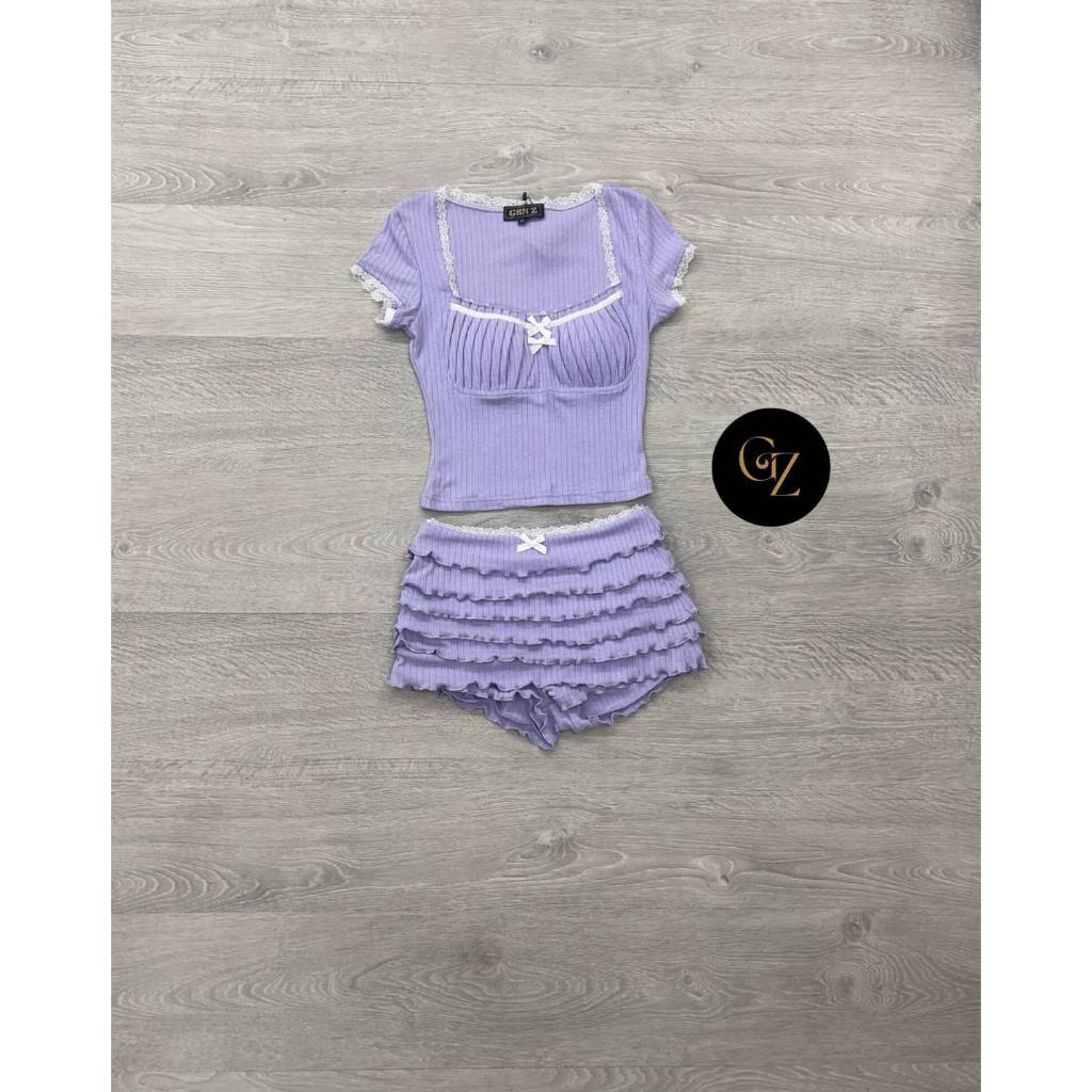 GEN Z Setเสื้อแขนสั้นแต่งลูกไม้ผ้านิ่ม - รูปที่ 6