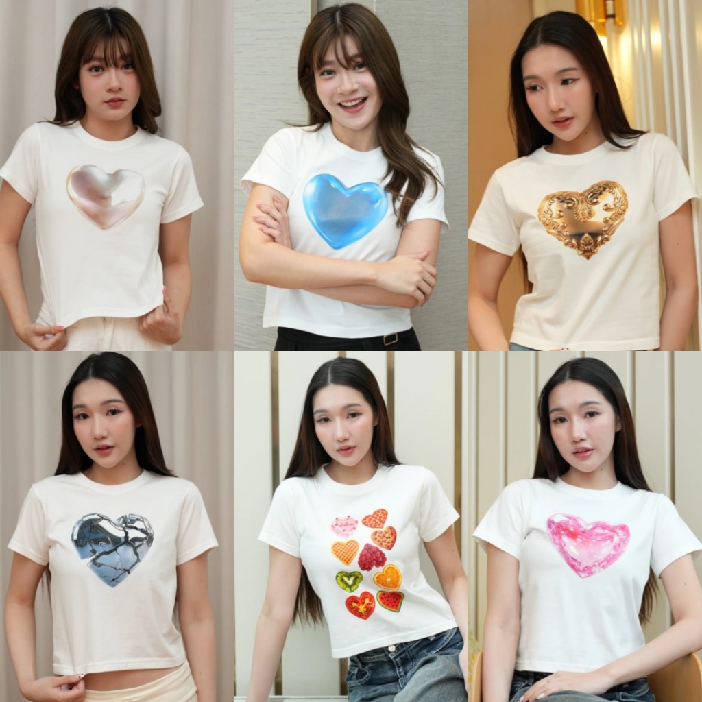 Heart Crop Top เสื้อยืด เสื้อครอป พิมพ์ลาย รูปหัวใจ วาเลนไทน์ เสื้อน่ารัก ผ้าคอตตอน cotton แฟชั่น ผู้หญิง genY genZ ผญ