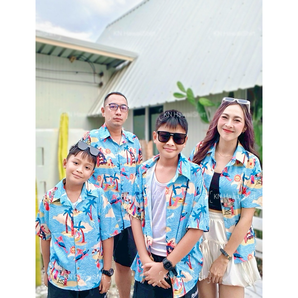 ราคาส่ง เสื้อฮาวายพิมพ์ลายชายหาดสีฟ้า ทรงโอเวอร์ไซส์ อก28-46 ใส่ได้ทั้งครอบครัว