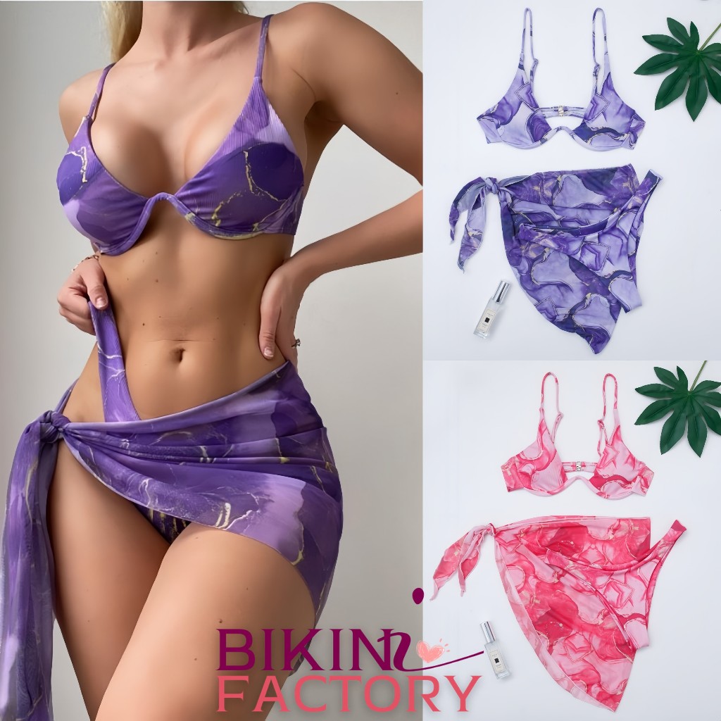 BIKINI FACTORY บิกินี่ 3 ชิ้น บิกินี่มีโครง บิกินี่สวยๆ 👙 ดันทรง ลายหินอ่อนสวย พร้อมผ้าผูกเอว BK-152