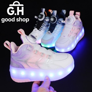 รองเท้าล้อเด็กสองล้อ LED กระพริบ หดได้ ผ้าใบ Unisex ไซส์ 29-…