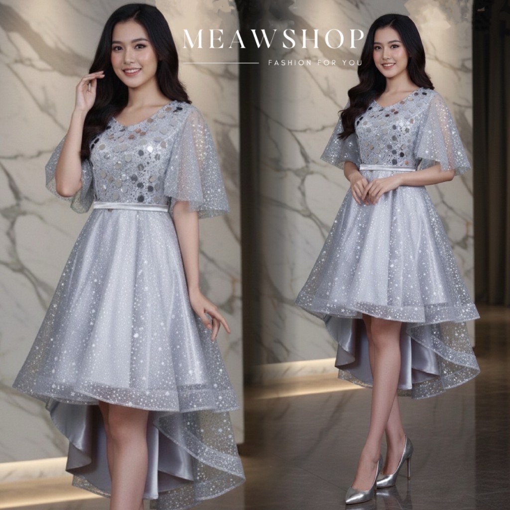 เดรสออกงาน หน้าสั้นหลังยาว สีเทา สีเงิน M-2XL ออกงาน ไปงาน เจ้าสาว ถ่ายพรี เพื่อนเจ้าสาว ไปปาร์ตี้ ชุดราตรี The Classic