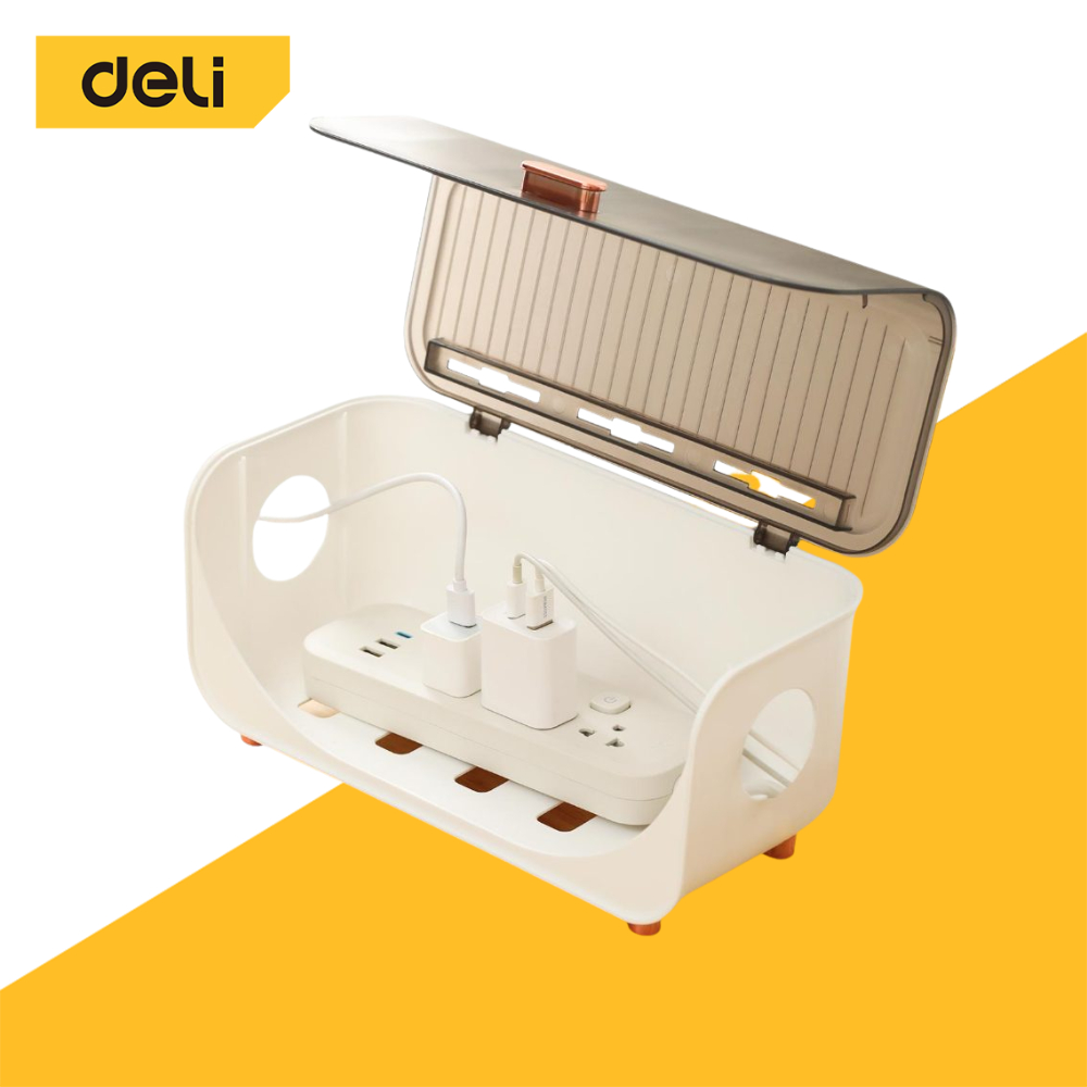 Deli กล่องเก็บสายไฟ กล่องพลาสติกเก็บปลั๊กไฟ จัดเก็บสายไฟ กล่องจัดระเบียบเปิดปิดได้ Cable Storage Box