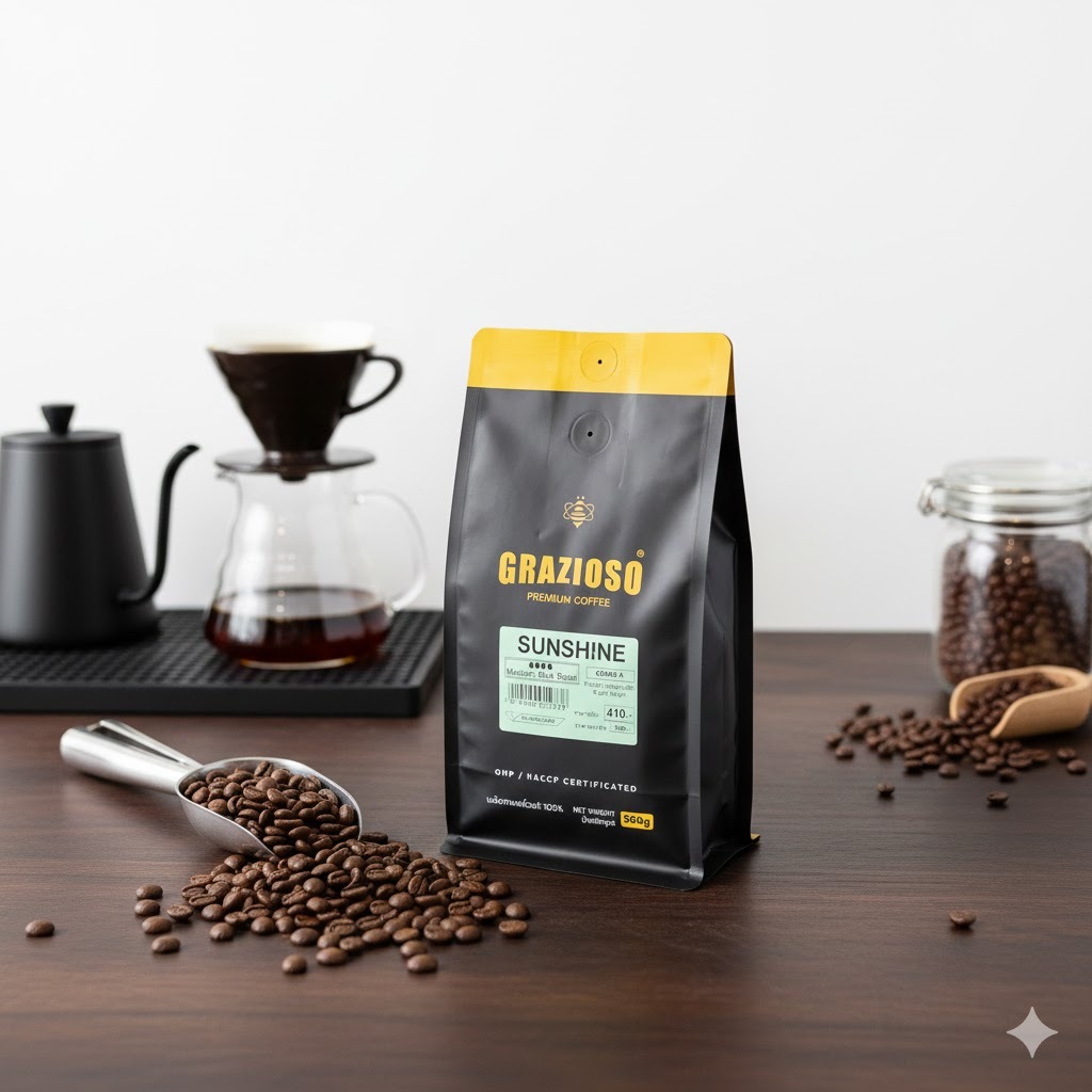 SUNSHINE เมล็ดกาแฟอราบิก้า 100% คั่วกลางเกือบเข้ม ขนาด 500 กรัม