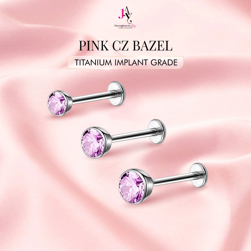 Piercingroom by Jay จิว/ต่างหูแป้นแบน สำหรับผิวแพ้ง่าย Pink CZ Bazel เกรดการแพทย์ (ราคาต่อชิ้น)