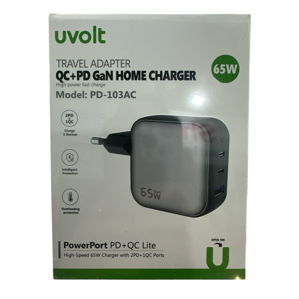 หัวชาร์จ หัวแปลงปลั๊กไฟ Universal Adapter UvOLT PD 65w 3Port Travel ปลั๊กไฟ Charger อะแดปเตอร์ ตปท. 
