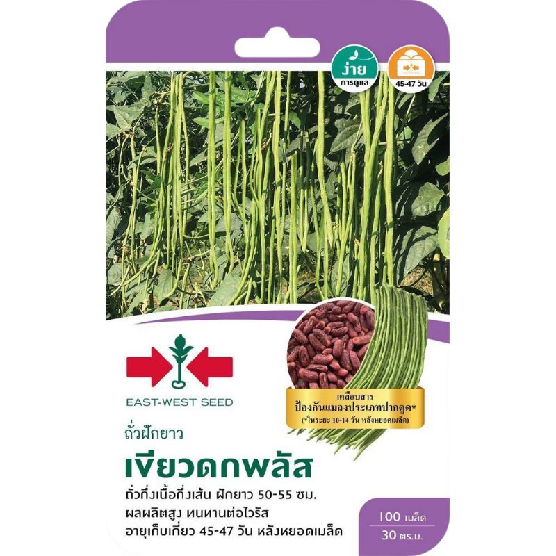 เขียวดกพลัส ศรแดง เมล็ดพันธุ์ถั่วฝักยาว ฝักยาวสวย ติดฝักดก ฝักคู่เยอะ ผลผลิตสูง เก็บได้นาน เนื้อแน่นทนโรค ขนาด 100 เมล็ด