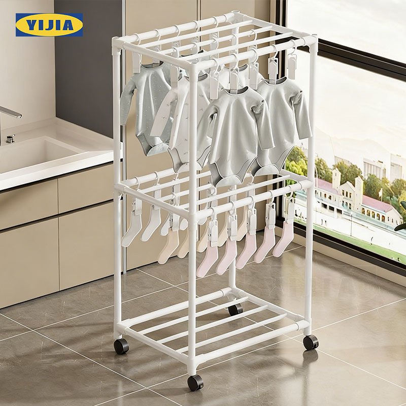 YIJIA 🔥ราวตากผ้า ราวตากถุงเท้า 3 ชั้นมีล้อเลื่อน+ฟรีตัวหนีบ 50 ตัว‼️ ราวตากเสื้อเด็ก ตากทีได้ถึง 200
