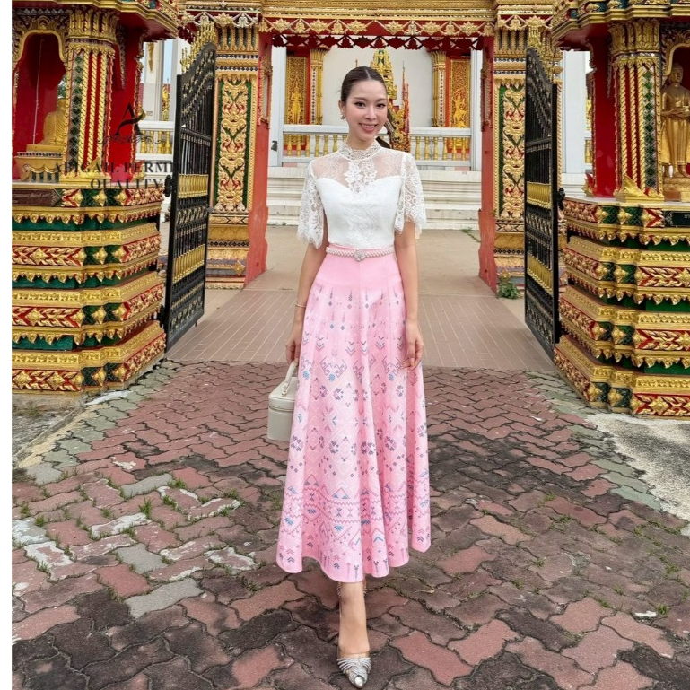 ABIGAIL Set เสื้อลูกไม้แขนสั้น+ผ้าถุงสำเร็จสีชมพู