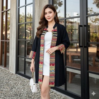 LANNA - เสื้อคลุมผ้าไทย คลุมตัวนอกแบบยาว แต่งแถบผ้าทอแท้สวยม…