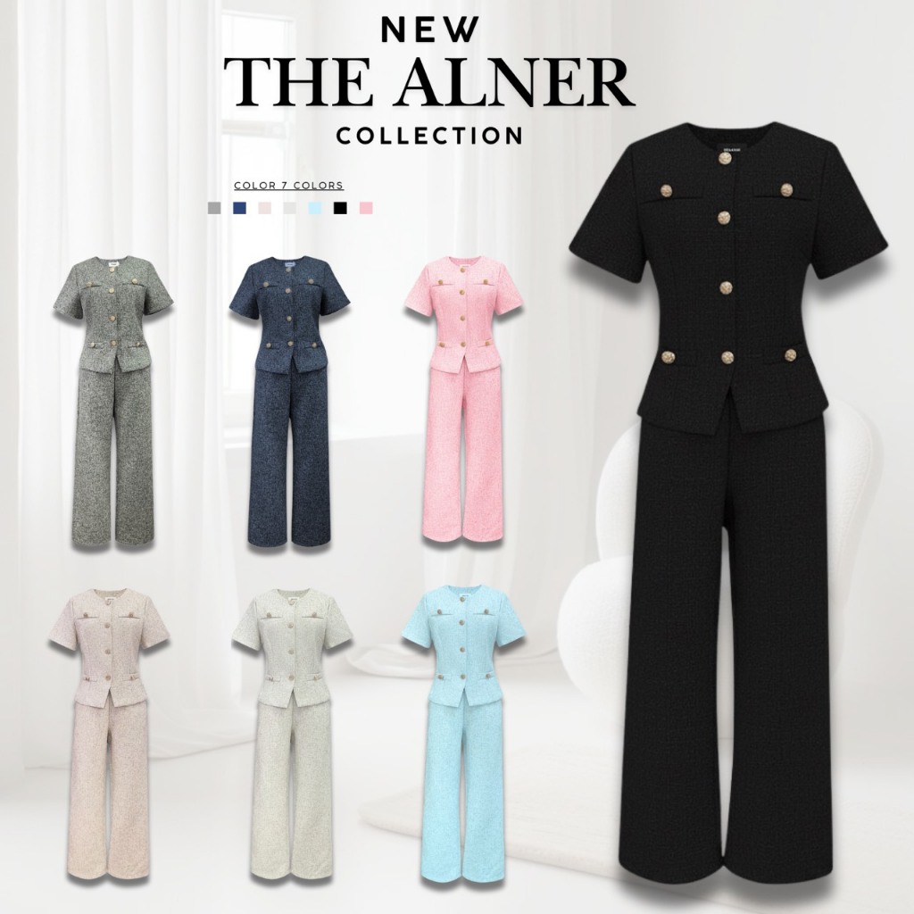Thealner-AN1099 (เซตเสื้อทวิตแขนสั้นแต่งกระดุมหน้ากางเกงขายาว)