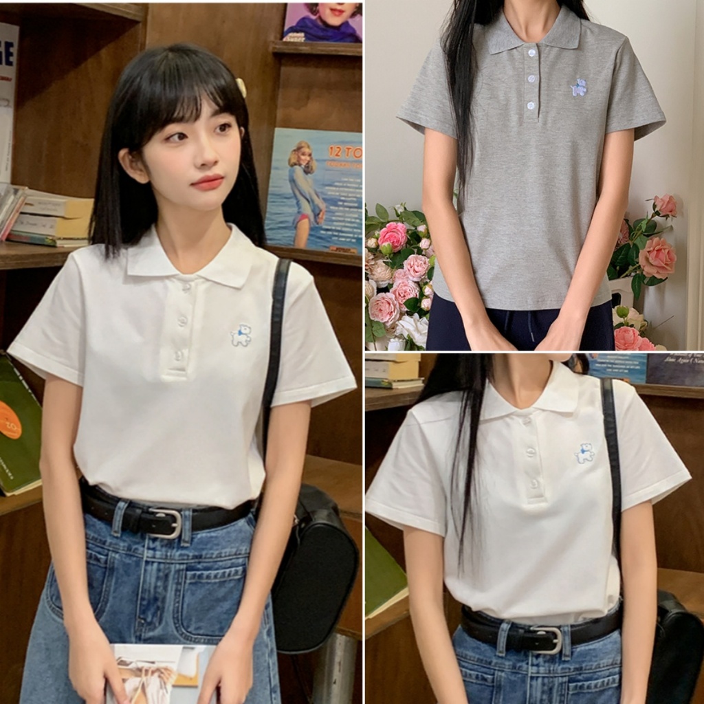 cherryshop🍒พร้อมส่ง เสื้อยืดแฟชั่นผู้หญิง เสื้อยืดสวยๆผู้หญิง สไตล์เกาหลีเรียบง่าย สีพื้น ดีไซน์ลายปัก