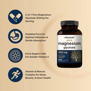 Naturebell - Pure Magnesium Glycinate 500mg with Fat Soluble Vitamin C (240 Capsules)