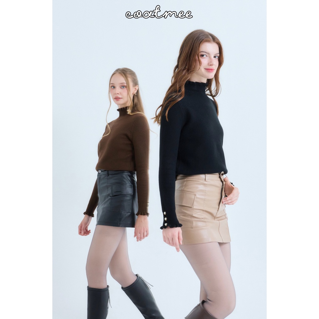 กระโปรงหนังมีกระเป๋า มีซับใน หนังนิ่ม ใส่สบาย กันน้ำกันหิมะ SK144  รุ่น LEATHER SKIRT COATMEE