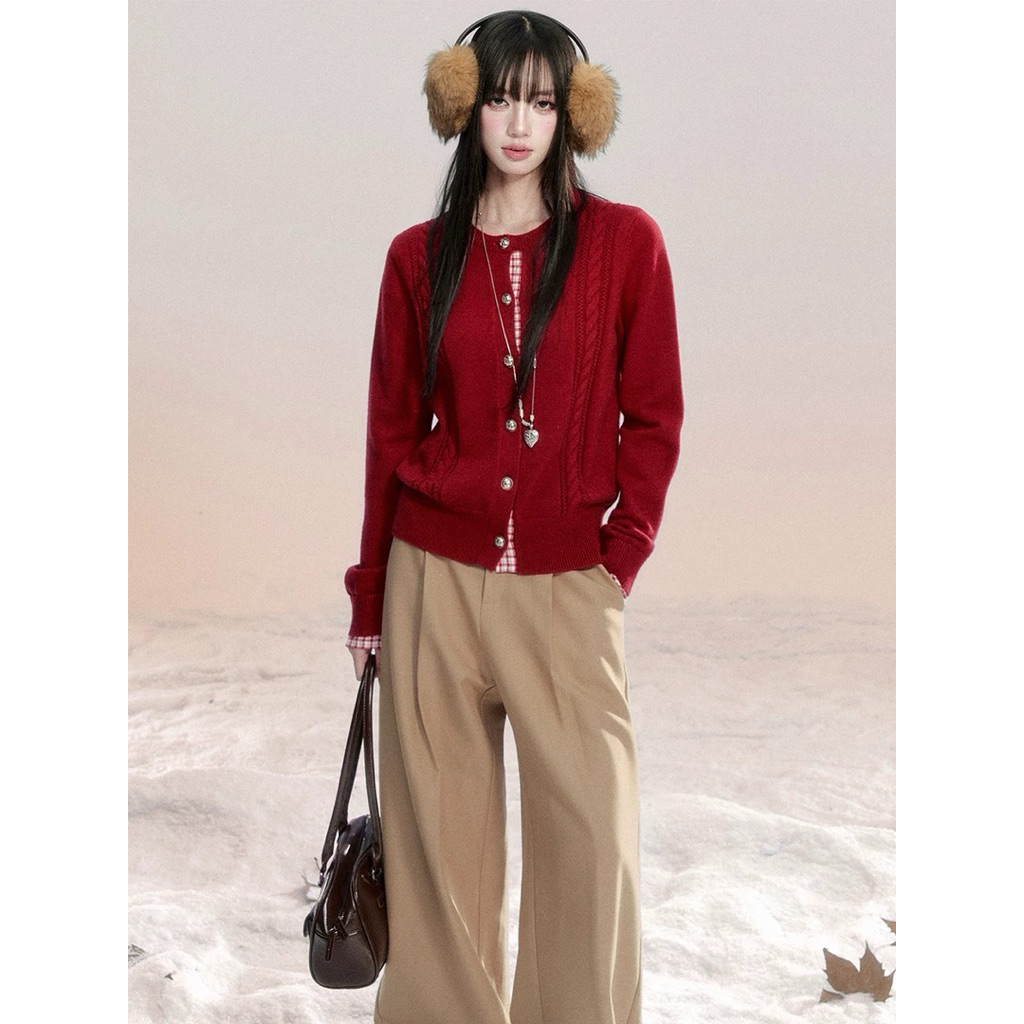 fragile heart - Red faux two-piece 3D cable knit top