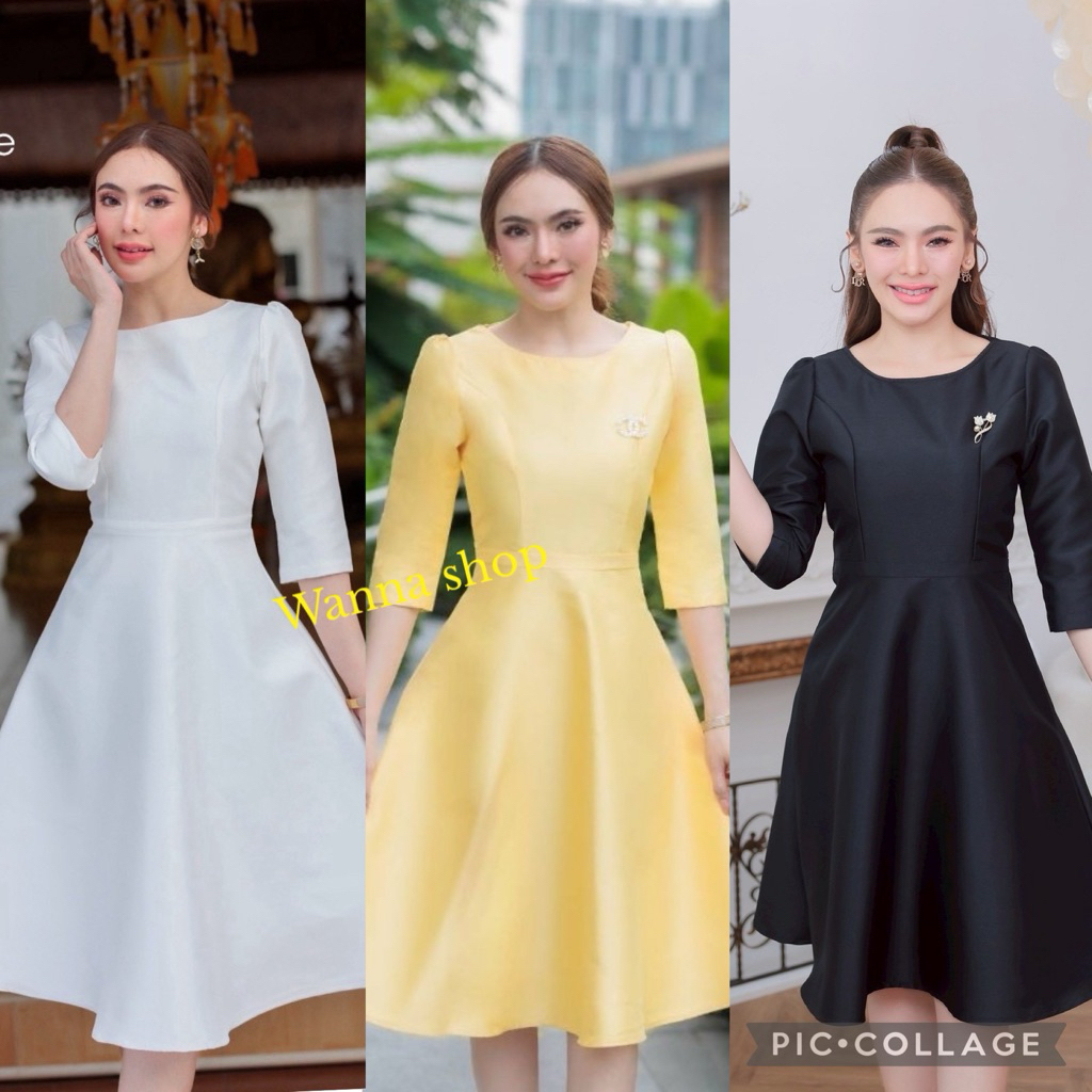 เดรสผ้าไทยสีดำ/สีขาวล้วน/สีเหลือง ผ้าทอลายพรีเมี่ยม ลายเทียนหยด คอปืน แขนศอก พร้อมส่ง