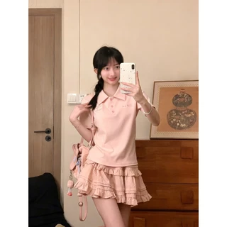 SuperCandy🌷เสื้อโปโล/เสื้อยืดปักตัวอักษรสีแอปริคอต สำหรับผู้หญิง สีพื้น แขนสั้น สไตล์ฤดูร้อน