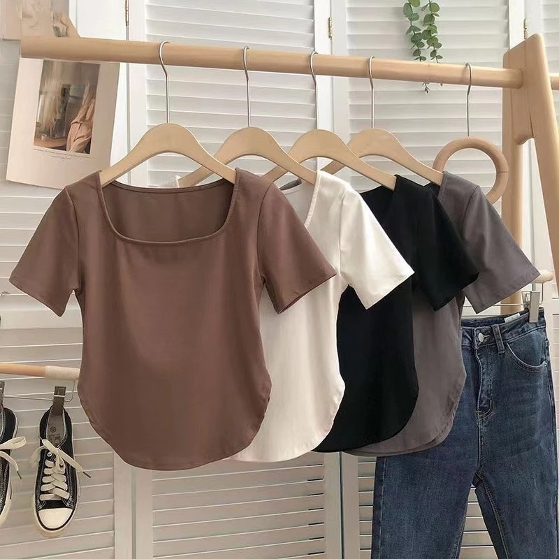 ✿Yt☽เสื้อครอปท็อปแขนสั้น คอสี่เหลี่ยม แต่งลูกไม้ แฟชั่นฤดูร้อน สําหรับผู้หญิง
