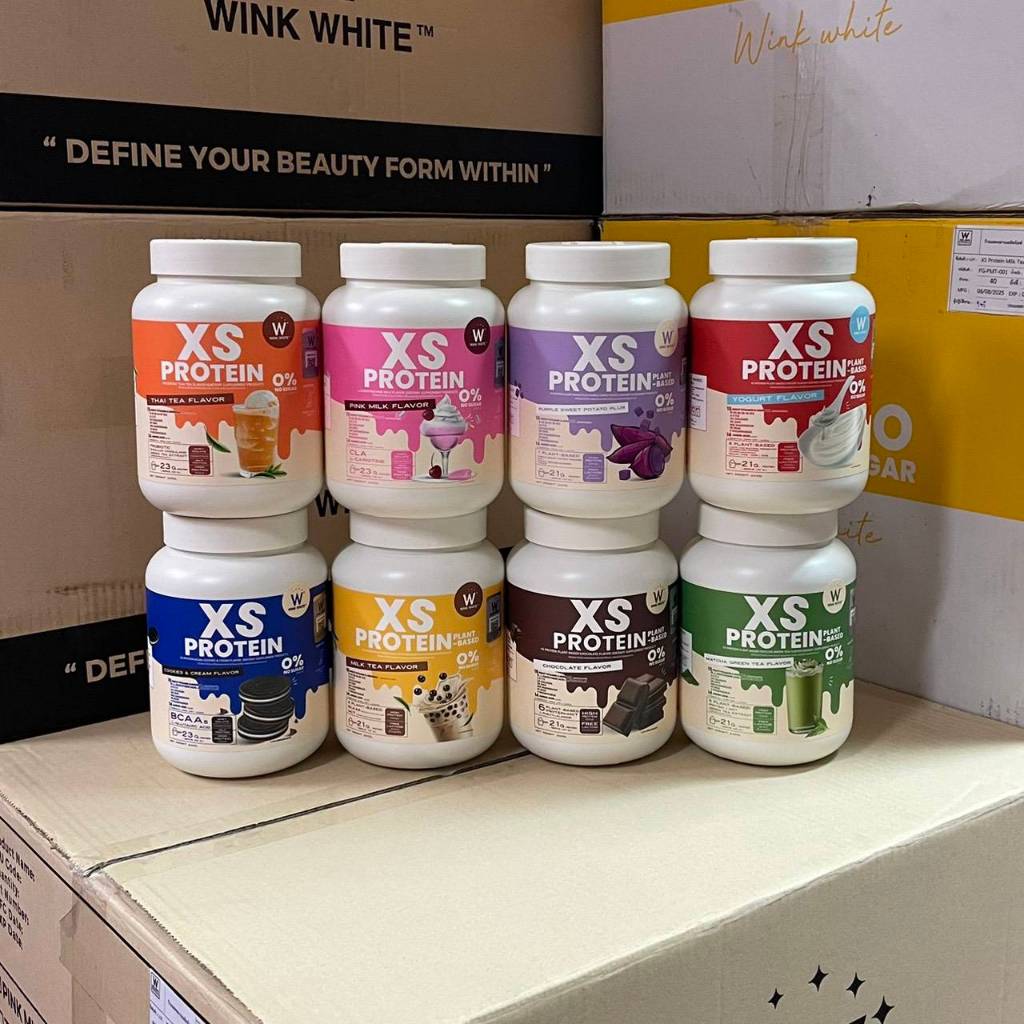 WINK WHITE XS Protein โปรตีน เสริมการออกกำลังกาย มี 8 สูตร ชาไทย คุกกี้ นมชมพู และช็อกโกแลต ชาเขียว 