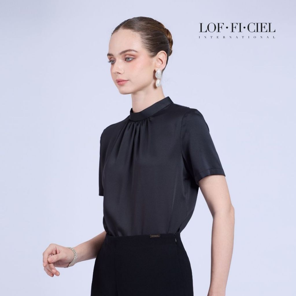 LOF-FI-CIEL Woman’s blouse Silk Satin เสื้อผู้หญิง คอตั้ง แขนสั้น สีดำ F9XXBL ราคา ถูกที่สุด ดีลบีเคเค แกลเลอรีภาพที่ 6