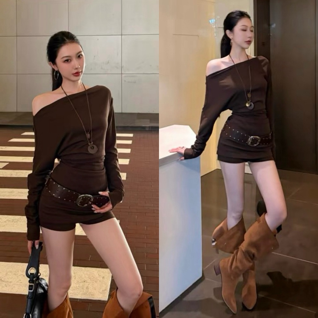 BY0369 Set3ชิ้น เสื้อปาดไหล่+กระโปรงกางเกง+เข็มขัด benly co - รูปที่ 2