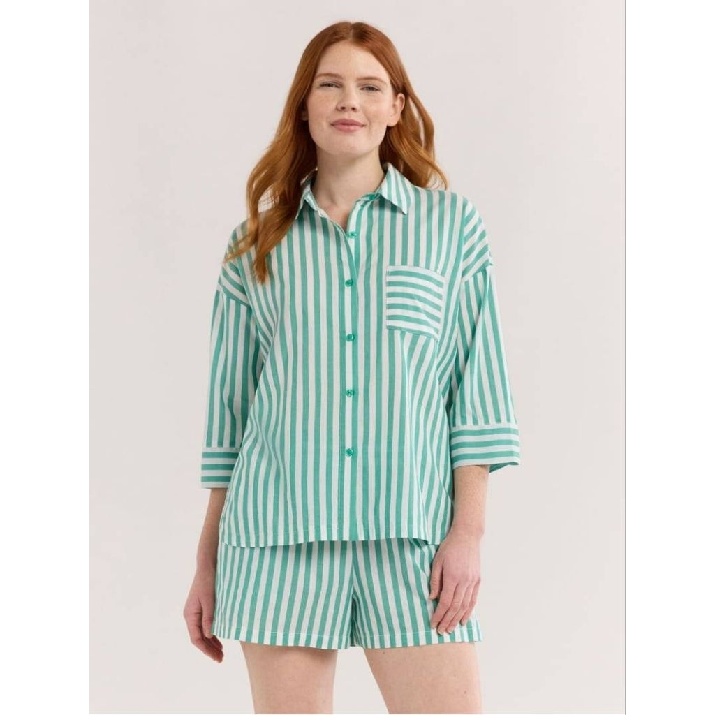 Joyspun ชุดเซ็ท ผ้าcotton นุ่มๆไม่ยืด กระดุมยาวด้านหน้า กระเป๋าอก กางเกงเอวยางยืด กระเป๋าข้าง ใส่เที่ยวใส่นอนได้ สีเขียว