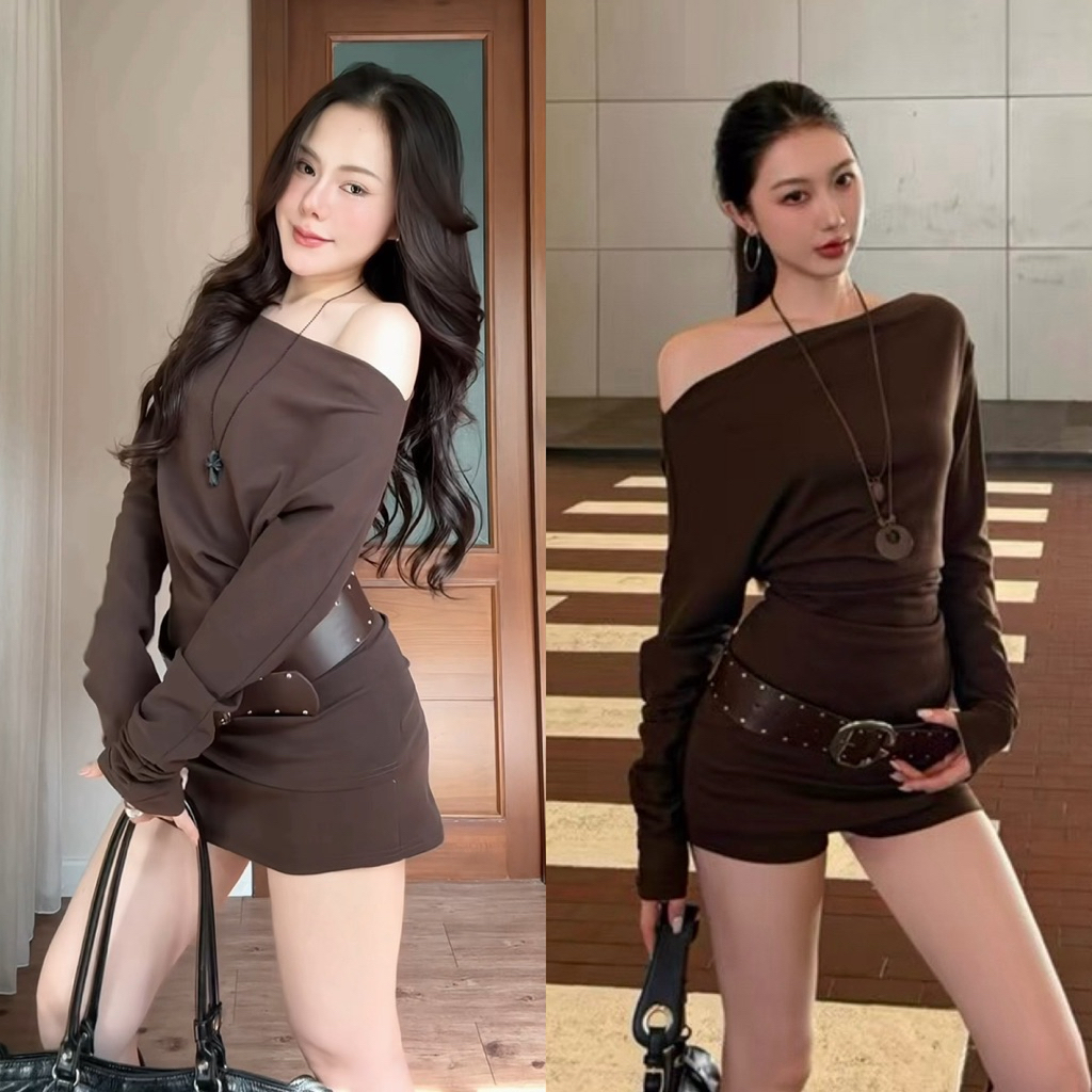 BY0369 Set3ชิ้น เสื้อปาดไหล่+กระโปรงกางเกง+เข็มขัด benly co