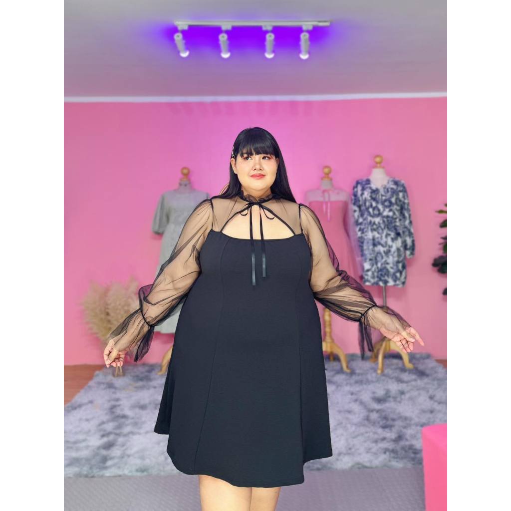 เดรสแขนยาว แต่งตาข่าย แขนตุ๊กตาไซส์ใหญ่ อก50-62นิ้ว (ด40)