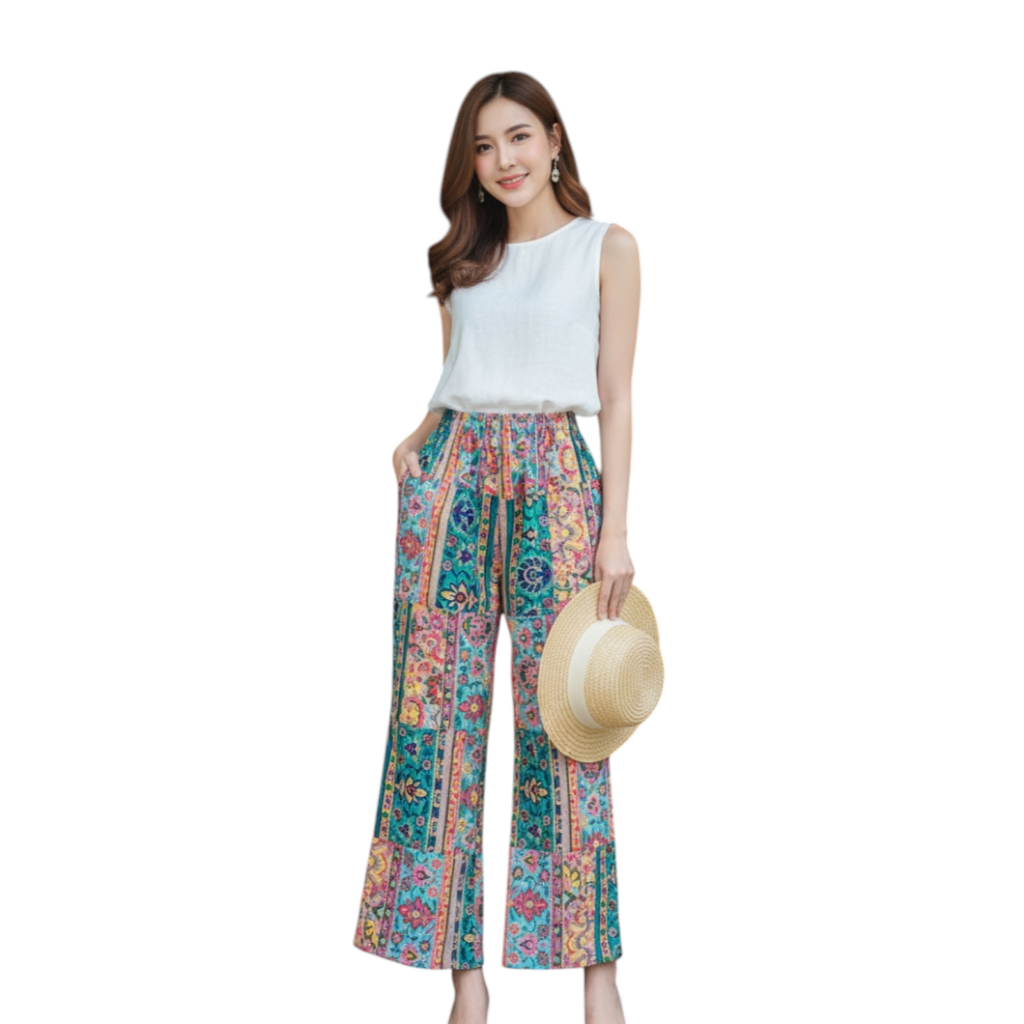 🌼 กางเกงโบฮีเมียนแฮนด์เมด | Patchwork รอบตัว | ผ้าลินินอยู่ทรง | ขาสั้น/ขายาว | S–5XL