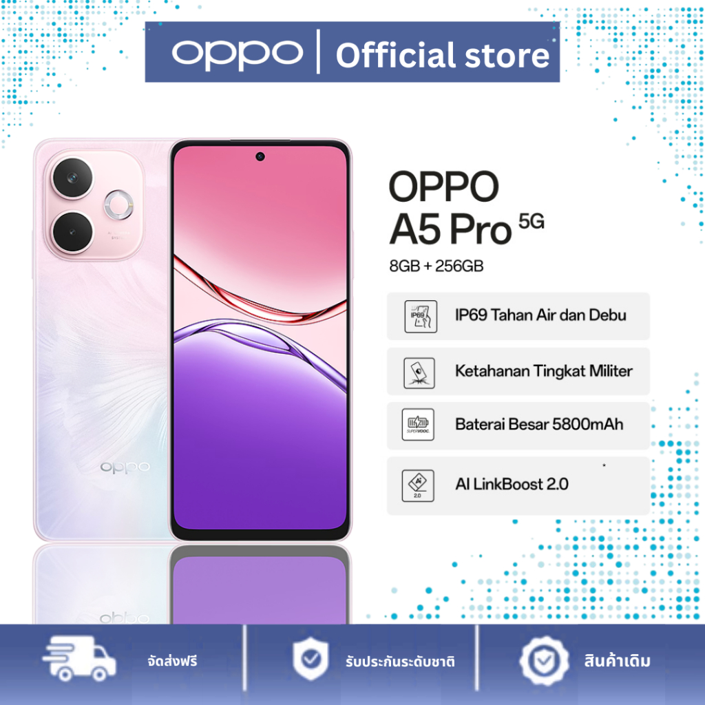 OPPO A5 Pro 5G (8GB+256GB) ดีไซน์สวย ทนทาน AI LinkBoost กันน้ำ/กันฝุ่น IP69 กล้อง 50MP ชาร์จเร็ว 45W