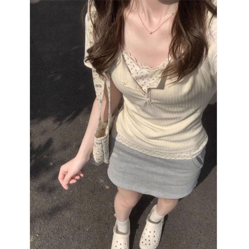เสื้อยืดแขนสั้นพิมพ์ลายสไตล์เกาหลีสำหรับผู้หญิง ทรงสวยเพรียว เหมาะสำหรับใส่ในฤดูใบไม้ร่วง