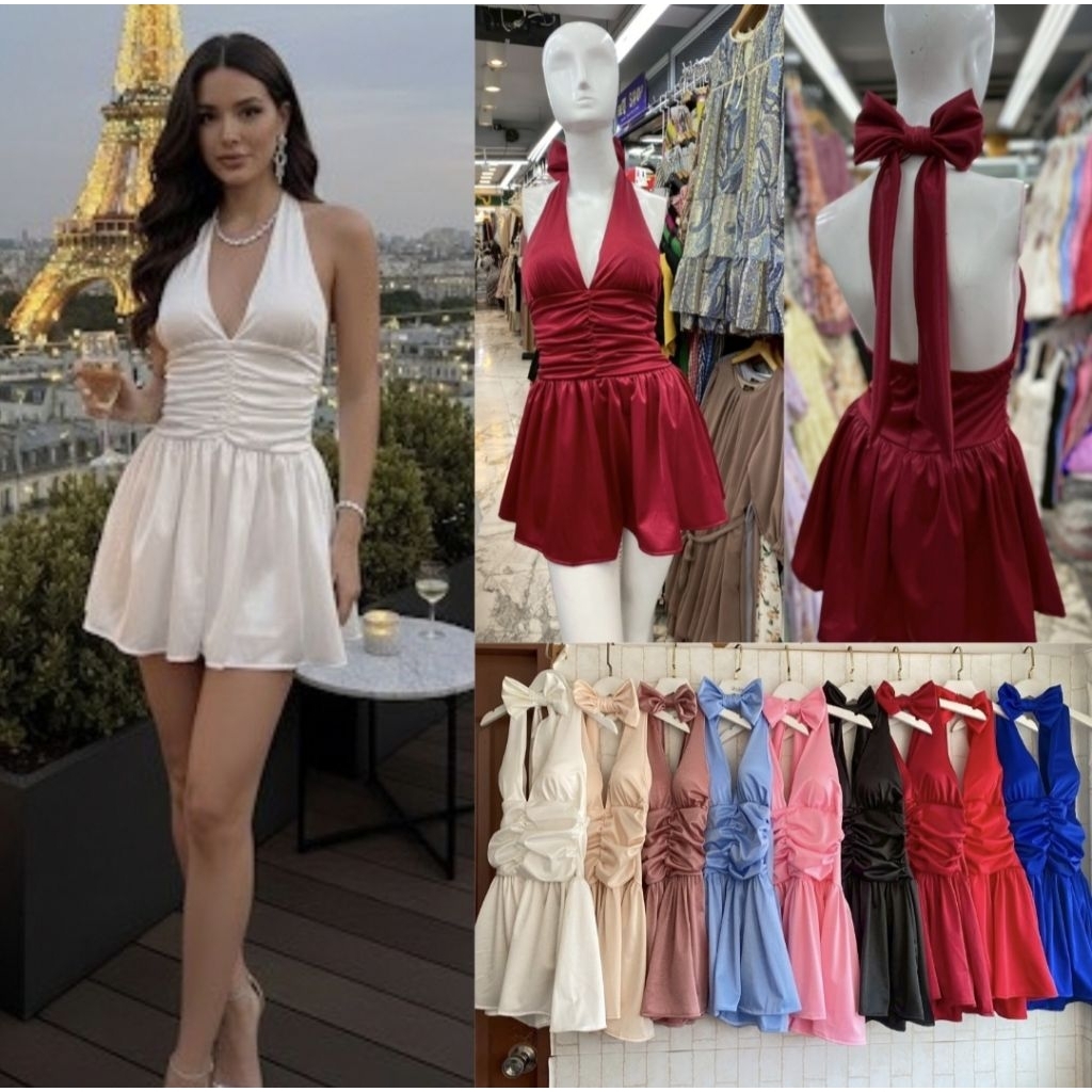 MDN. มินิเดรสคล้องคอโบว์หลัง(โบว์ถอดออกได้คะ)ผ้าSatin กลิตเตอร์ซับในกางเกงขาจั๊มด้วยนะคะ 