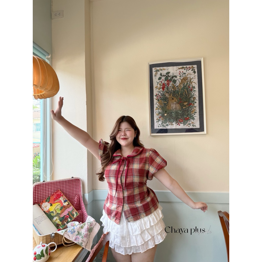 เสื้อเชิ๊ตครอปคอบัวเชือกโบว์สลับสี งานเนื้อผ้าลูกฟูกสก๊อต