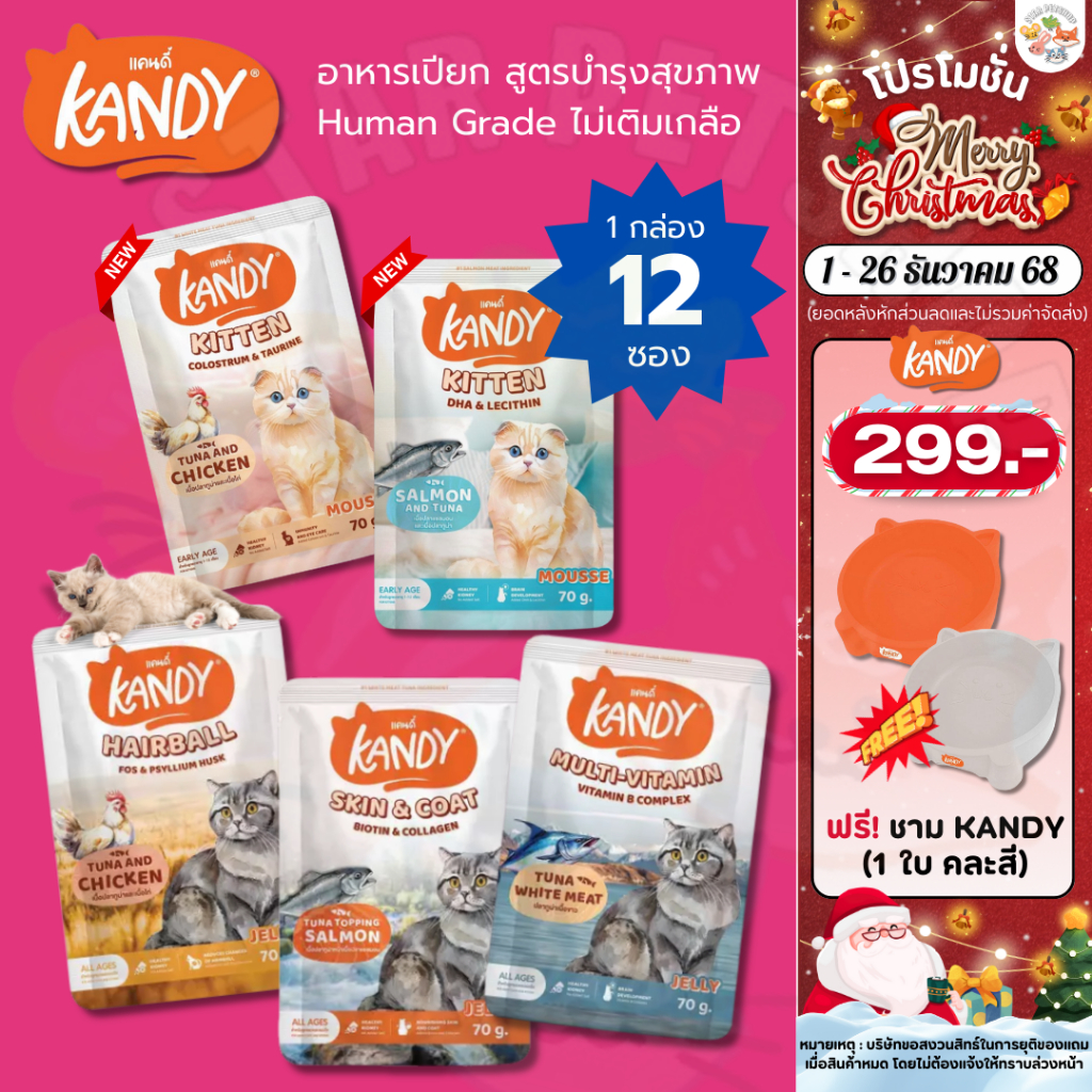 Kandy อาหารเปียก Holistic Grain Free ทูน่าเนื้อขาว ไม่เติมเกลือ สูตรดูแลสุขภาพ ยกโหล 70g*12ซอง