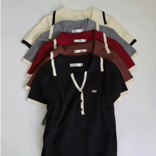 Kyler top เสื้อกุ้นไหมพรมคอปก (ผ้าไหมพรม) งานติดอะไหล่ Size M,L AOMMKOSHOP - S103