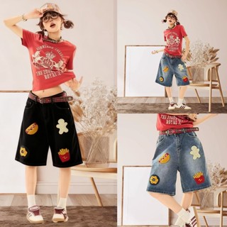 S-10 XL กางเกงยีนส์ขาสั้น3ส่วนปักลายสุดน่ารัก สำหรับผู้ที่ชื…