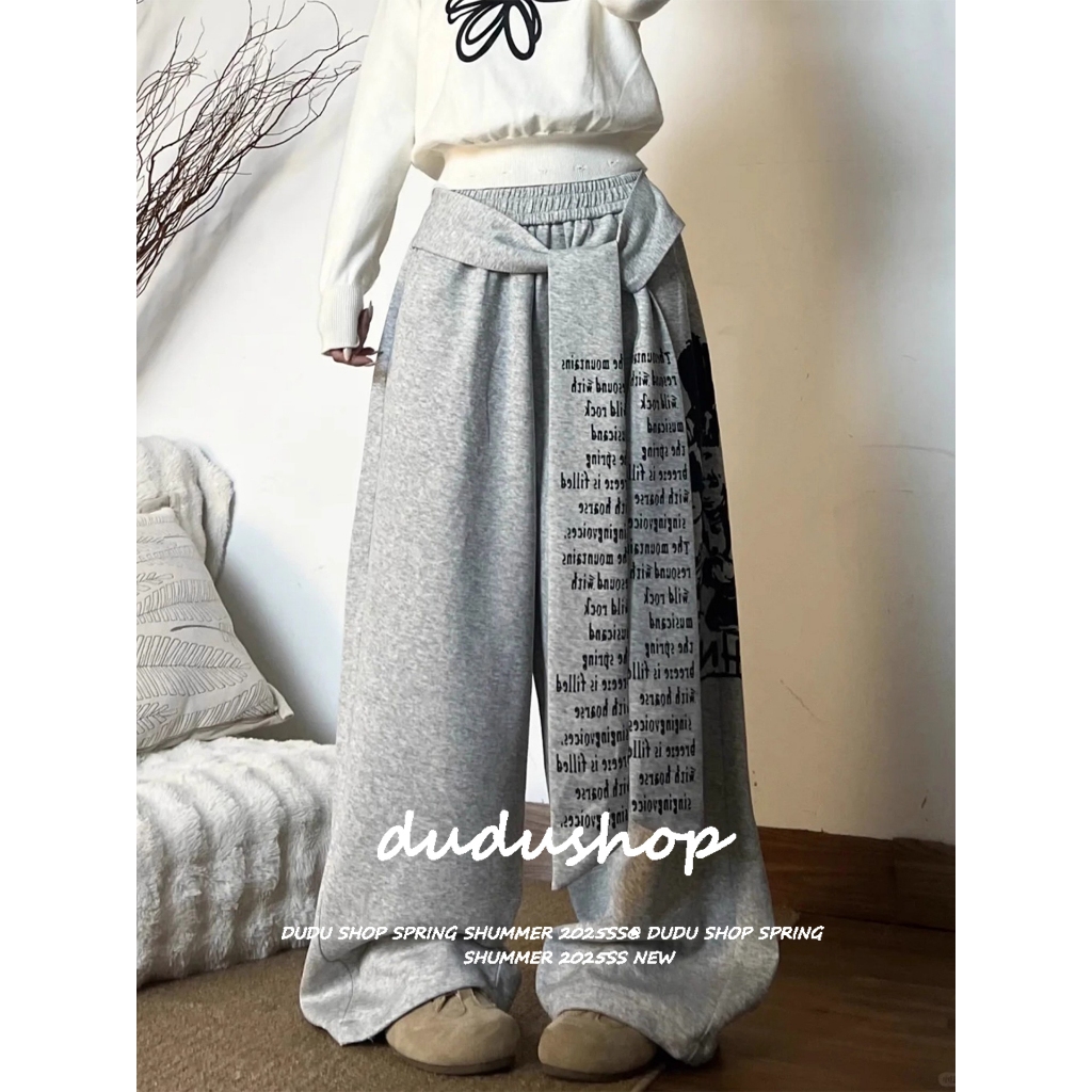 [Trendy printed casual pants]กางเกงลำลองขากว้างเอวสูงพิมพ์ลายสไตล์ย้อนยุคสำหรับผู้หญิงสไตล์เกาหลี