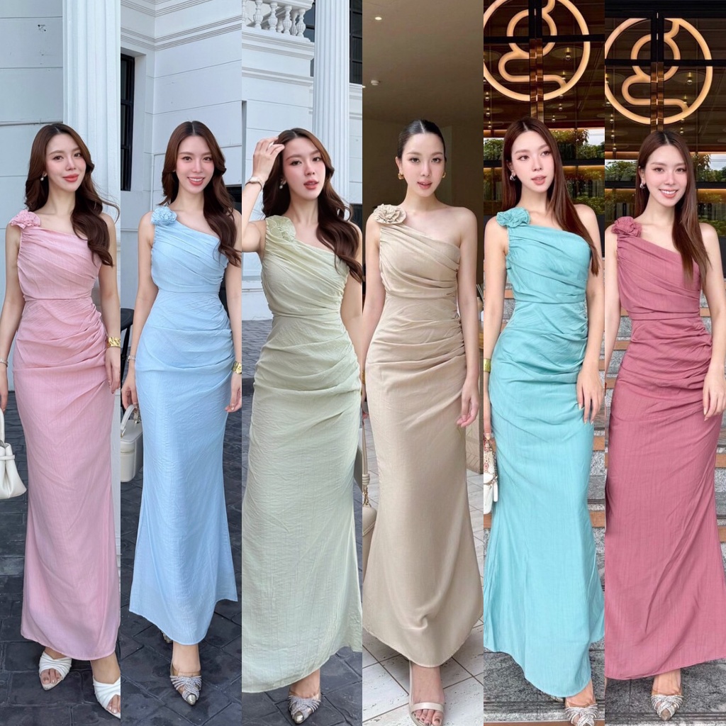 🚩ร้านโค้ดคุ้ม🚩 STYLISTA เดรสปาดไหล่ข้างเดียว แต่งดอกกุหลาบ ใส่ออกงาน งานแต่ง ดินเนอร์ ปาร์ตี้ ออกเดท