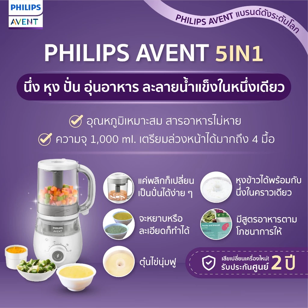 ทำง่าย ได้สารอาหารครบ Philips Avent เครื่องนึ่ง+ปั่น 5in1 นึ่ง หุง ปั่น ละลายน้ำแข็งในหนึ่ง มีมอก.