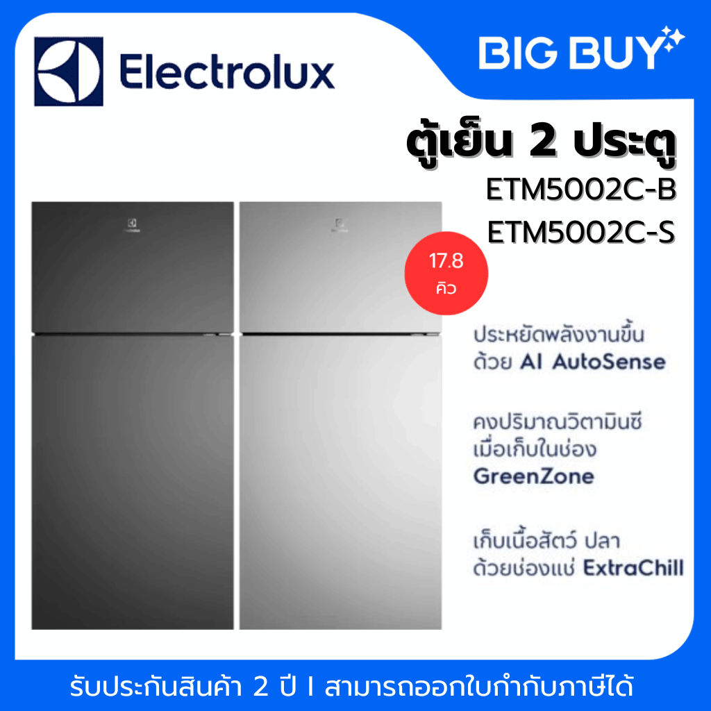 ELECTROLUX ตู้เย็น 2 ประตู รุ่น ETM5002C-B / ETM5002C-S 17.8 คิว เทคโนโลยี AI