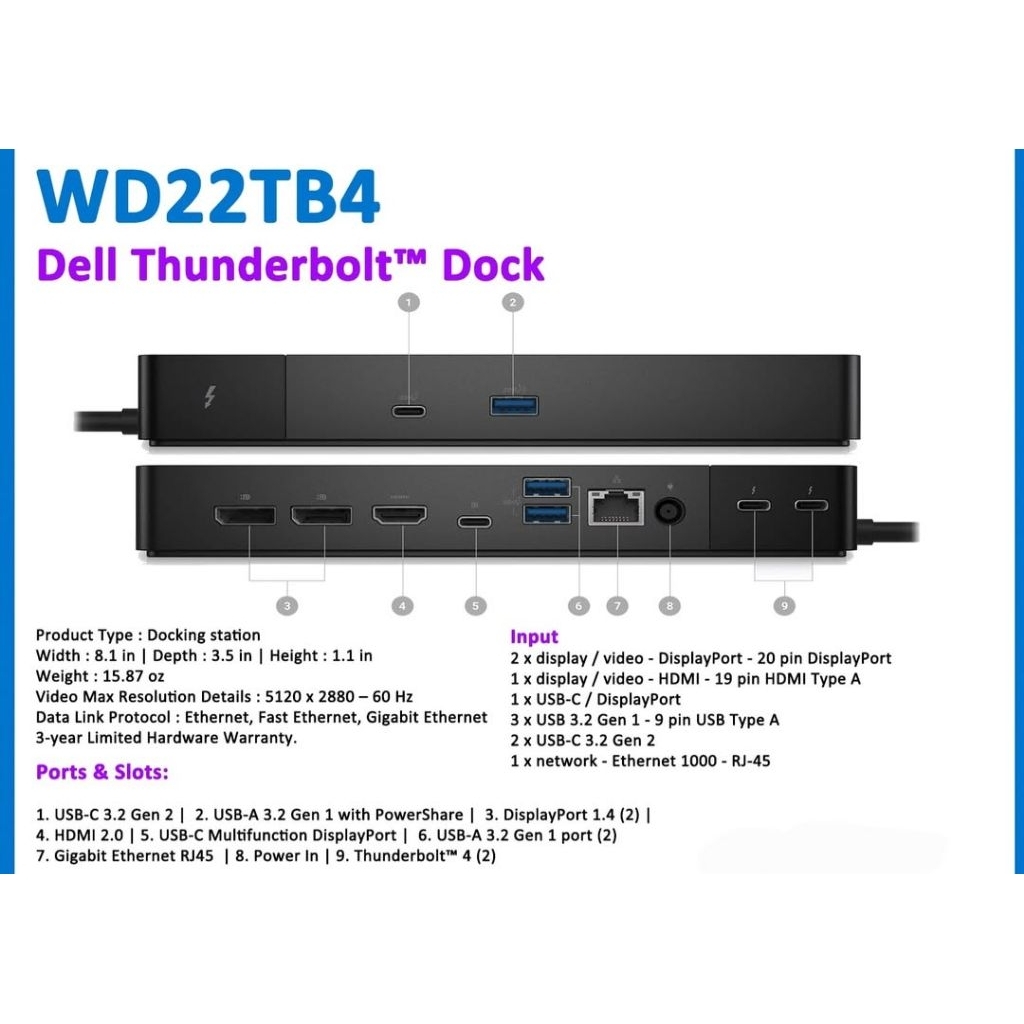 DELL Docking รุ่นใหญ่ WD22TB4 Thunderbolt 4 With 180W Adapter ส่งภาพ 4K 3 จอได้พร้อมกันแบบอิสระ