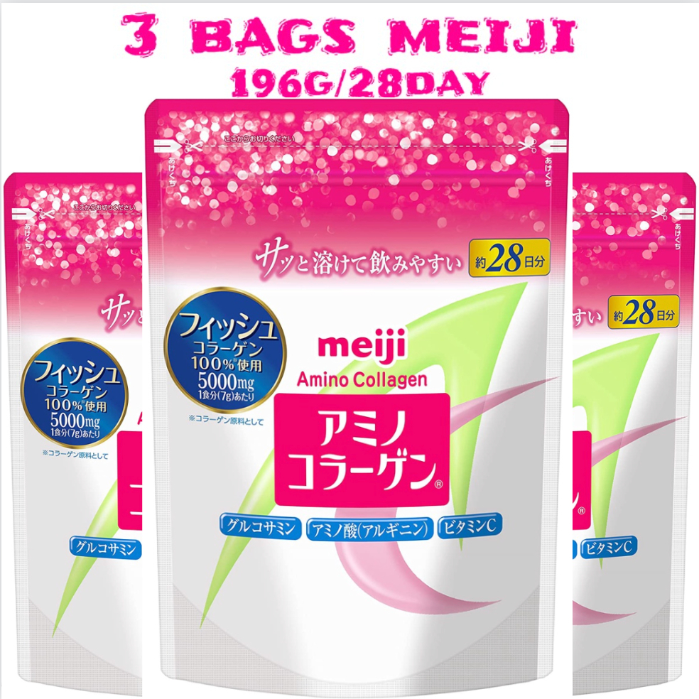 💕EXP:2027💕3 Bags Meiji Amino Collagen(เมจิ อะมิโน คอลลาเจน) Meiji Amino Collagen Powder 5000mg/196g/