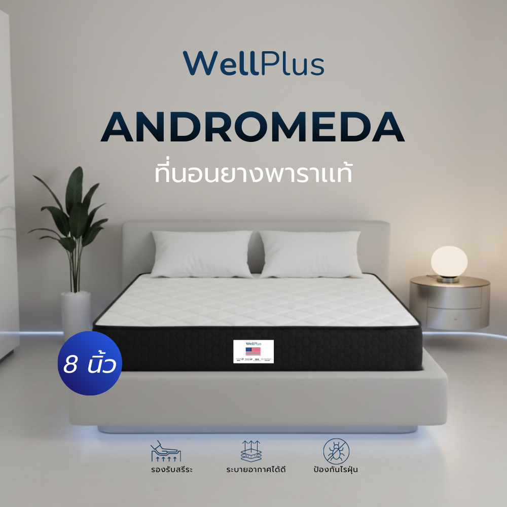 Wellplus ที่นอนยางพาราแท้ สัมผัสแน่น รุ่น ANDROMEDA ความหนา 8 นิ้ว ยางพาราเกรดพรีเมียม รองรับสรีระร่างกาย – โปรปัง