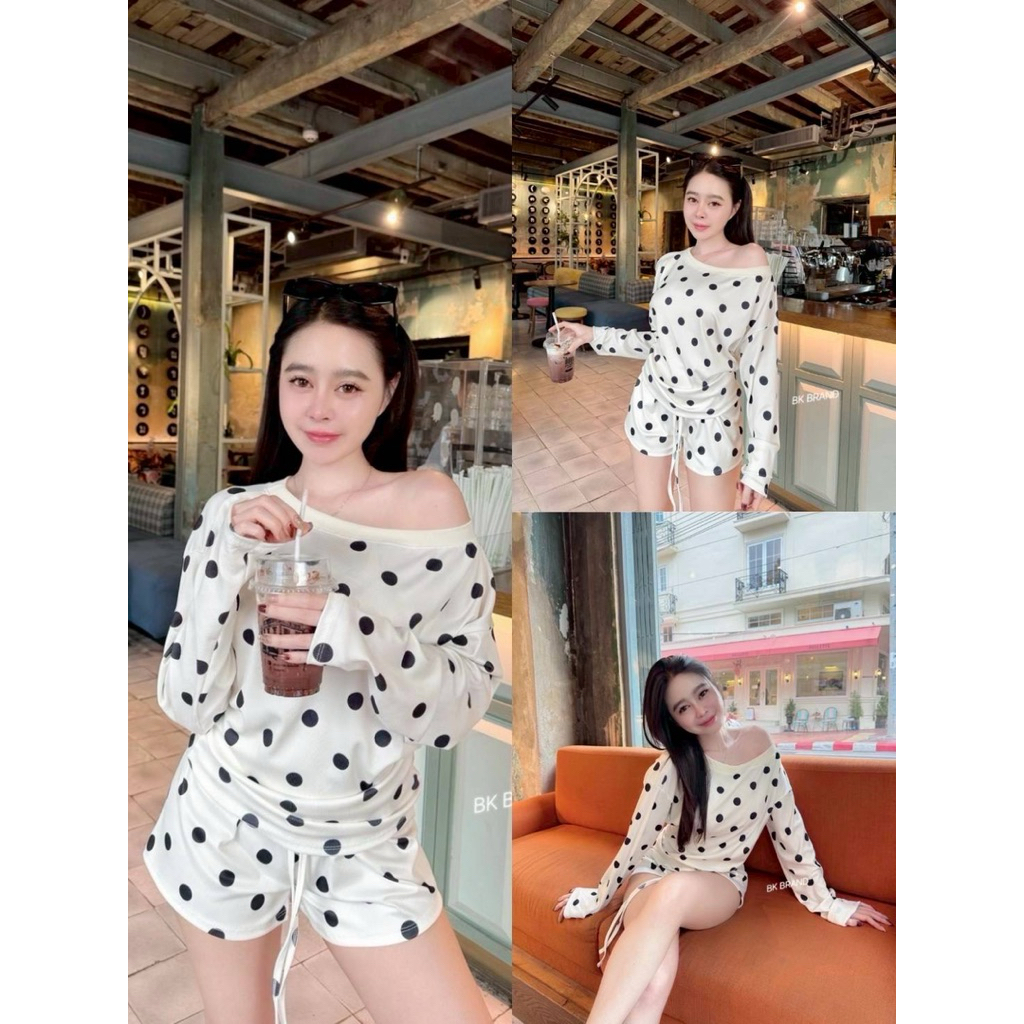 #BK 🩵 งานสวย งานดีมากชุดนี้🩵  🏷 BK BRAND   ✨เซต2ชิ้น แขนยาวลายจุด